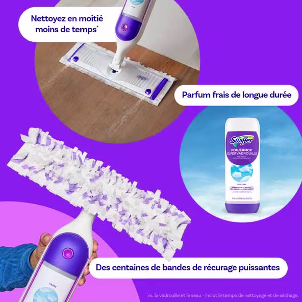 Swiffer Power Mop offre un nettoyage efficace avec des bandes de récurage puissantes et un parfum frais pour des résultats rapides