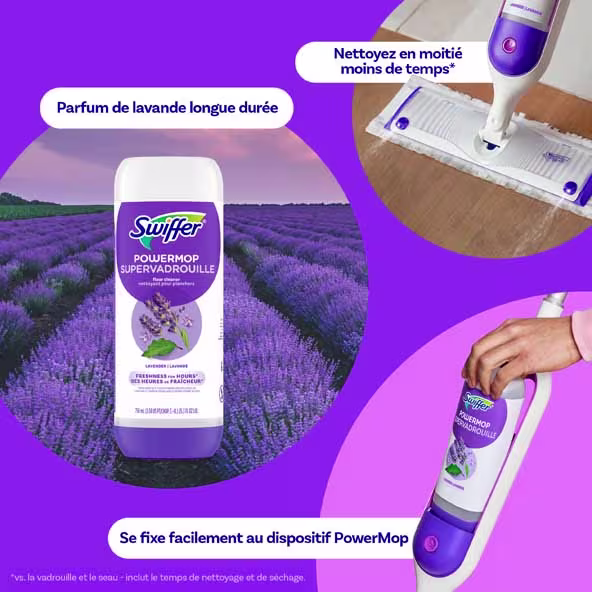 Le Swiffer Power Mop au parfum de lavande facilite le nettoyage et se fixe facilement à l'appareil pour une utilisation efficace