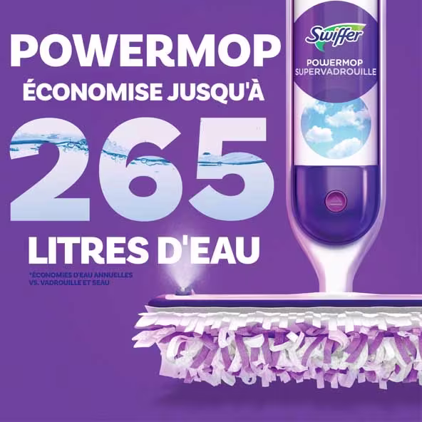 Swiffer PowerMop permet d'économiser jusqu'à 265 litres d'eau par an par rapport aux vadrouilles et aux seaux traditionnels
