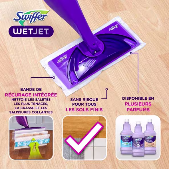 Nettoyant Swiffer WetJet avec bande de récurage, sans danger pour tous les sols, présentant une variété de parfums et de capacités de nettoyage.