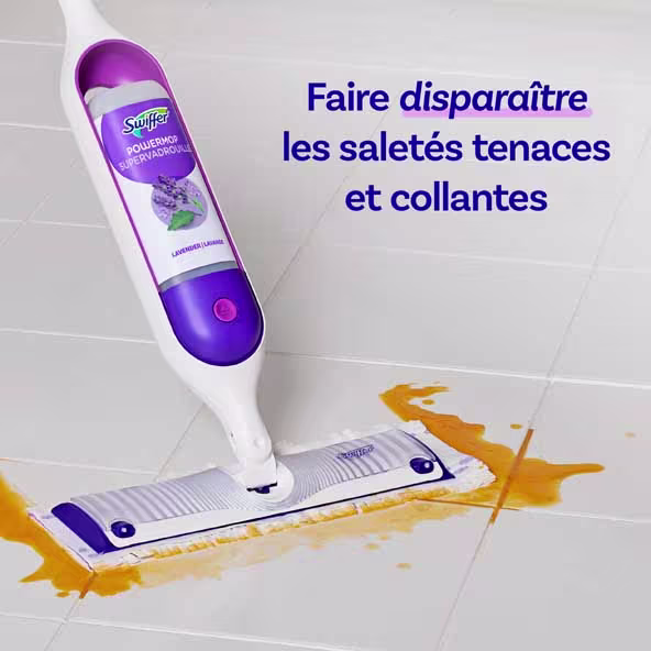 Swiffer Power Mop nettoie le liquide orange sur le carrelage avec un parfum de lavande, facilitant l'élimination des saletés