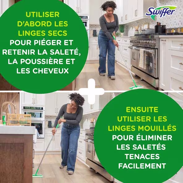 Une personne expliquant comment nettoyer un sol de cuisine avec Swiffer, utilisant des lingettes sèches et humides pour un nettoyage efficace