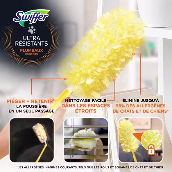 Swiffer Heavy Duty Pet Duster, conçu pour piéger efficacement la poussière et les allergènes des animaux domestiques dans les espaces restreints.