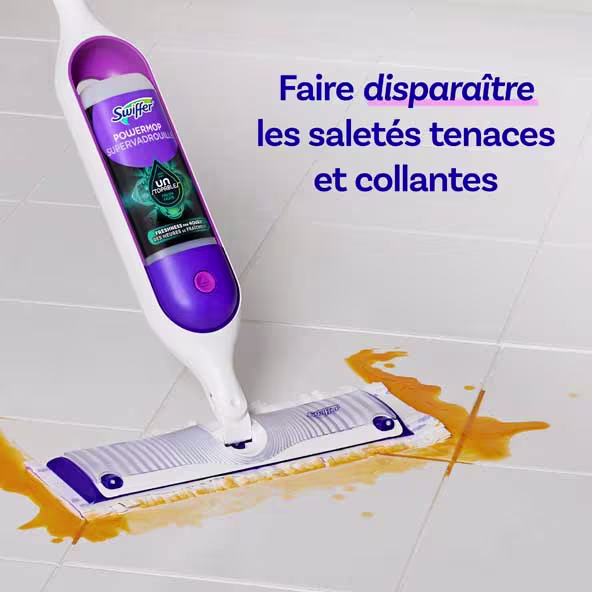 Swiffer Power Mop nettoie les salissures collantes sur un sol carrelé, favorisant la fraîcheur et le nettoyage sans effort