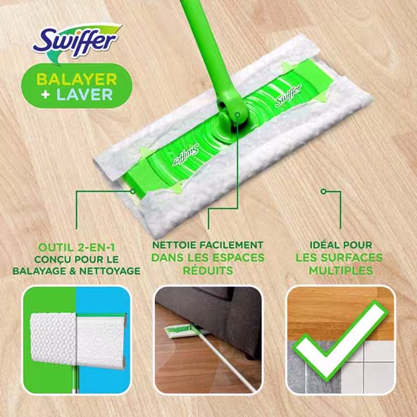Vadrouille Swiffer Dry+Wet sur un sol en bois, mettant en évidence les caractéristiques de nettoyage multi-surfaces et d'accès aux espaces étroits