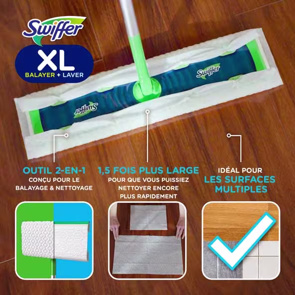 Le balai Swiffer 2-en-1 conçu pour balayer et passer la vadrouille, XL, 1,5x plus large, idéal sur diverses surfaces.