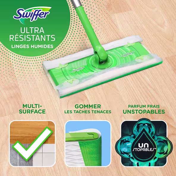 Lingettes humides Swiffer Heavy Duty sur sol en bois, conçues pour piéger la saleté et nettoyer efficacement diverses surfaces avec parfum Unstopables