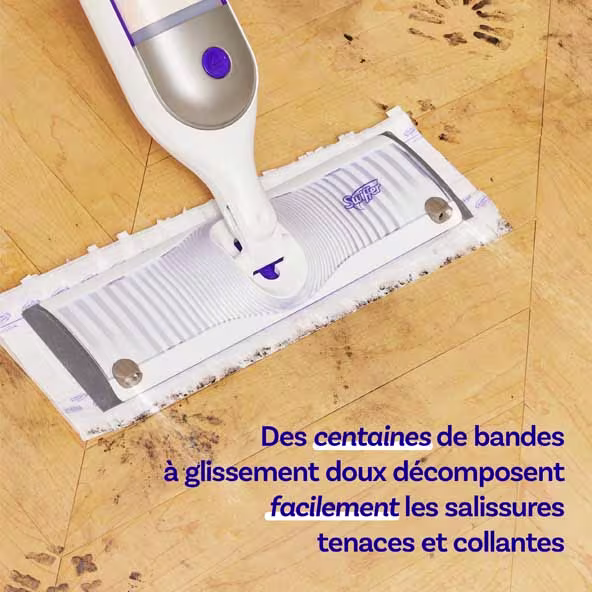 Swiffer mop pour plancher en bois, conçu pour faciliter le nettoyage des salissures difficiles et collantes grâce à des bandes à glissement doux