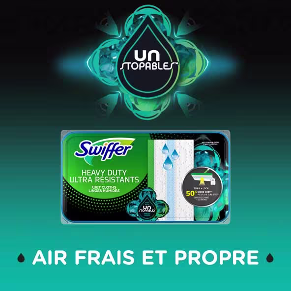 Emballage des linges humides Swiffer Heavy Duty avec Unstopables, mettant en avant la fraîcheur et la puissance de nettoyage intense