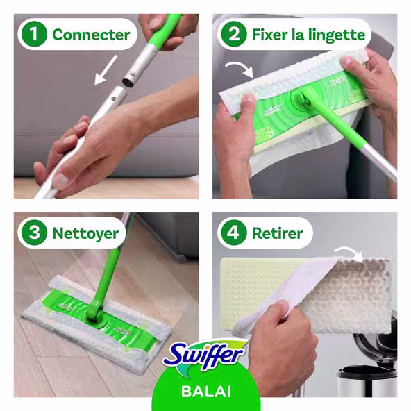 Guide détaillé pour utiliser les plumeaux Swiffer : connecter, attacher, nettoyer et retirer efficacement