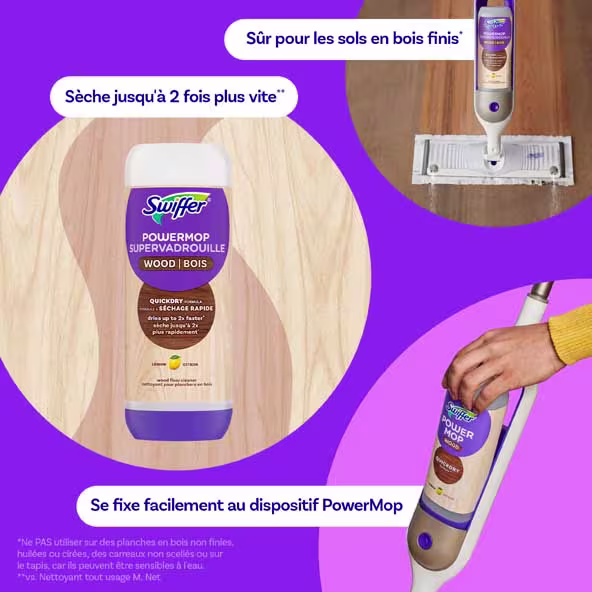 Swiffer Power Mop pour sols en bois, avec formule QuickDry, parfum citron, conçu pour un nettoyage efficace