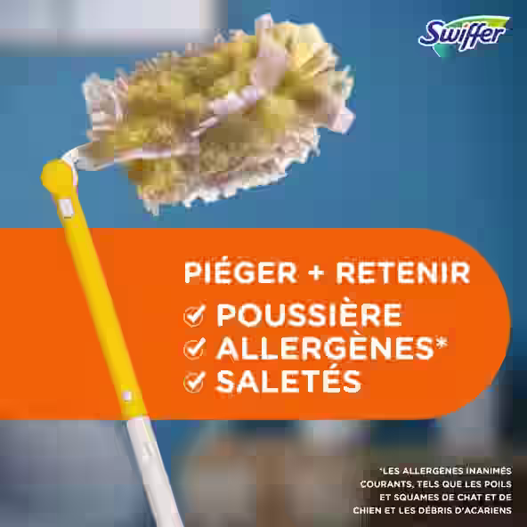 Swiffer Duster avec tête jaune, conçu pour piéger efficacement la poussière, les allergènes et la saleté. Idéal pour le nettoyage