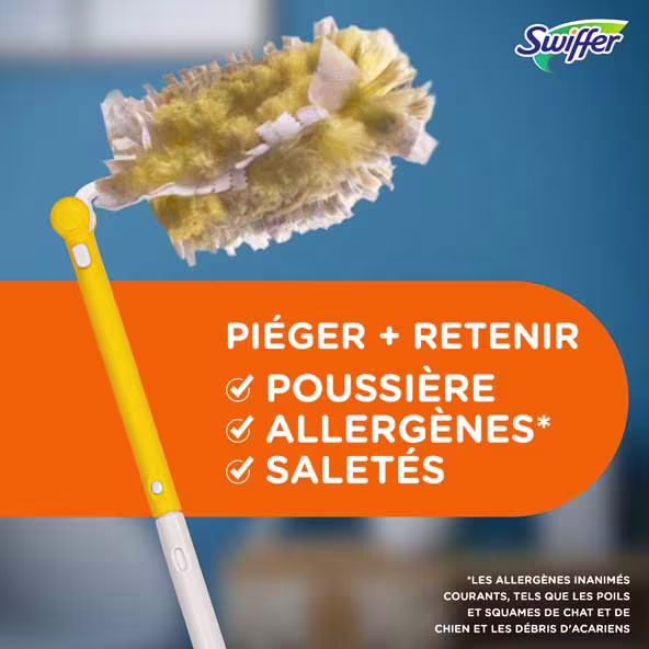 Swiffer Duster avec tête jaune, conçu pour piéger efficacement la poussière, les allergènes et la saleté. Idéal pour le nettoyage