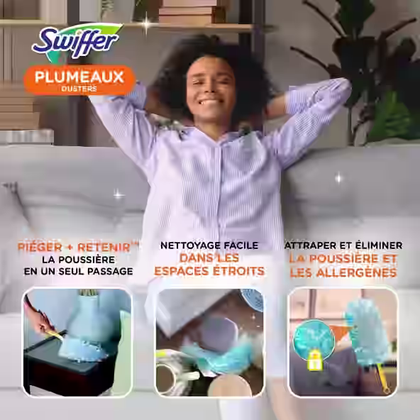L'image de Swiffer Dusters montre un nettoyage efficace de la poussière dans les espaces restreints, offrant commodité et élimination des allergènes