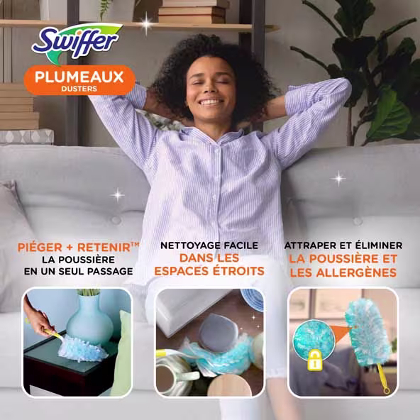 L'image de Swiffer Dusters montre un nettoyage efficace de la poussière dans les espaces restreints, offrant commodité et élimination des allergènes