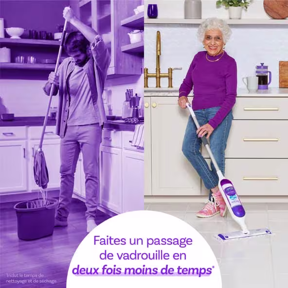 Une image montrant un homme passant la vadrouille et une femme souriante utilisant Swiffer PowerMop, promouvant des solutions de nettoyage efficaces