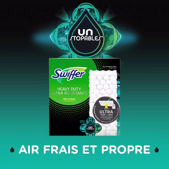 Linges secs Swiffer Heavy Duty avec Unstoppables, mettant en avant des parfums frais et propres pour un nettoyage efficace