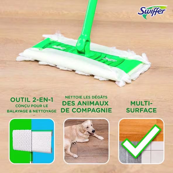 Le balai 2 en 1 Swiffer permet de balayer et de passer la vadrouille pour nettoyer efficacement les dégâts des animaux sur diverses surfaces