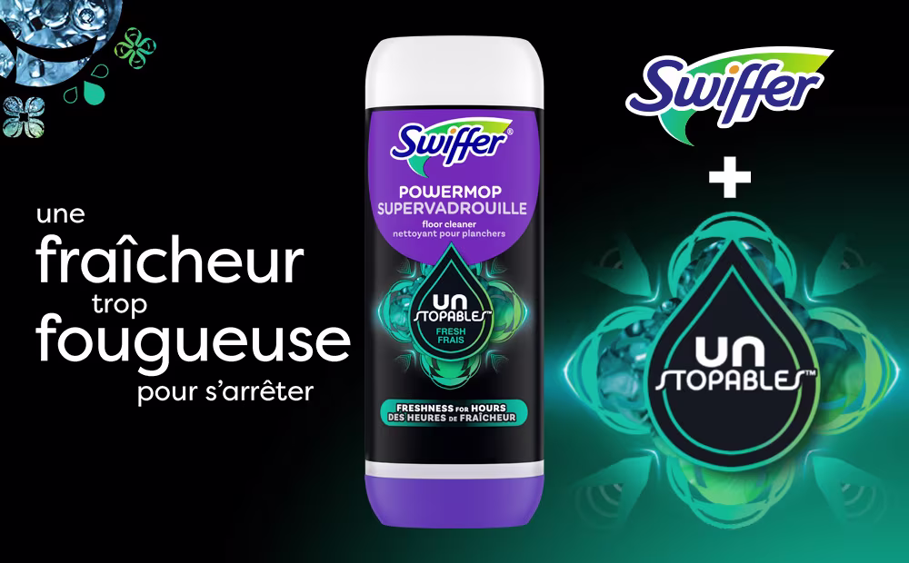 Solution nettoyante pour planchers Swiffer® SuperVadrouille avec parfum Frais Unstopables – pour une fraîcheur trop fougueuse pour s’arrêter