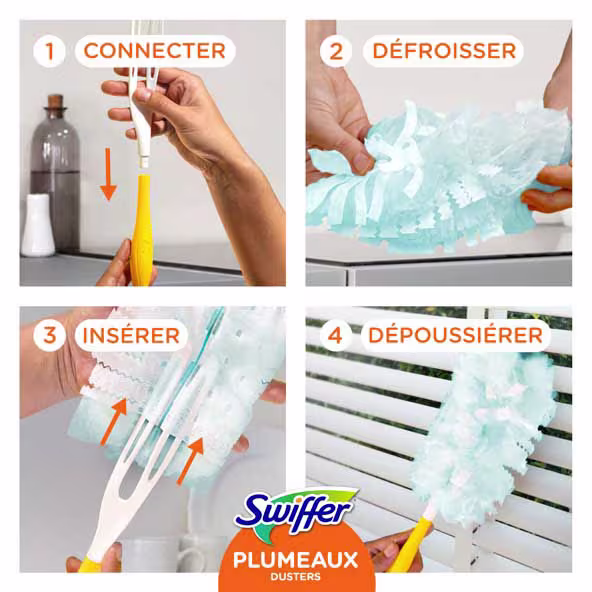 Guide étape par étape pour l'utilisation des Swiffer Dusters : connecter, défroisser, insérer et dépoussiérer les surfaces de manière efficace.