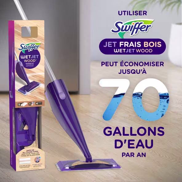 Emballage de l'ensemble de vadrouilles Swiffer WetJet Wood, mettant en évidence les économies d'eau pouvant atteindre 70 gallons par an.