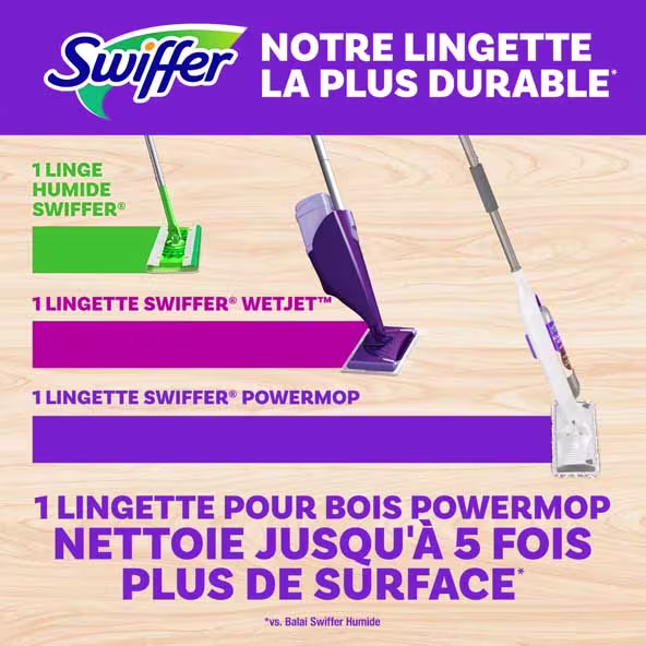 Comparaison des produits Swiffer montrant le linge humide, la lingette WetJet et la lingette PowerMop pour une performance de nettoyage optimale