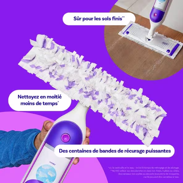 Swiffer PowerMop, qui présente ses bandes de récurage efficaces pour un nettoyage sûr et efficace de toutes les surfaces