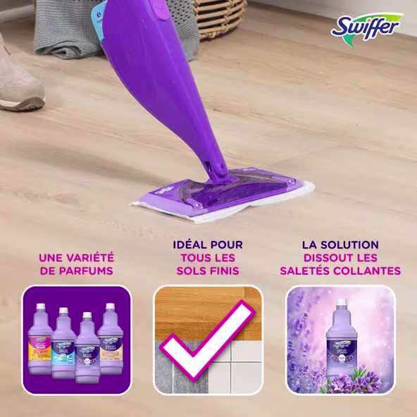 Balai à franges Swiffer sur un sol en bois dur avec un texte soulignant la variété des parfums et l'efficacité sur tous les types de sols
