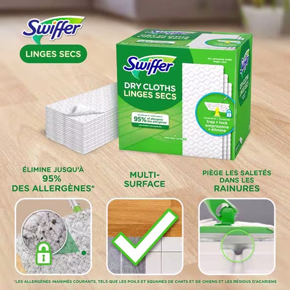 Emballage des linges secs Swiffer, illustrant les propriétés d'élimination des allergènes, d'utilisation multi-surfaces et de rétention de la saleté