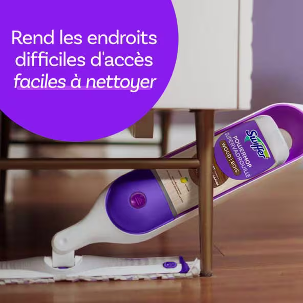 Swiffer Power Mop nettoie les endroits difficiles à atteindre sous les meubles sur les sols en bois. Facile à utiliser pour un nettoyage sans effort