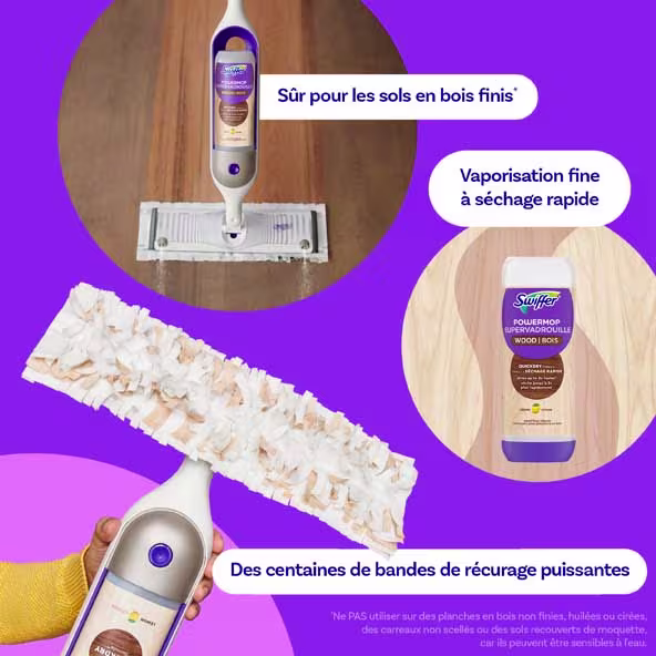 Swiffer Power Mop pour les sols en bois, avec une brume à séchage rapide et des bandes de nettoyage à glissement doux pour un nettoyage efficace
