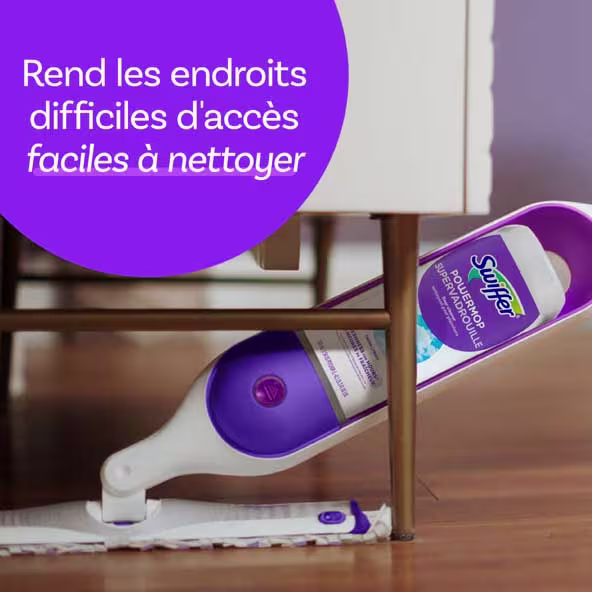 Swiffer Power Mop nettoie facilement les zones difficiles d'accès sous les meubles, encourageant les solutions de nettoyage simples à la maison