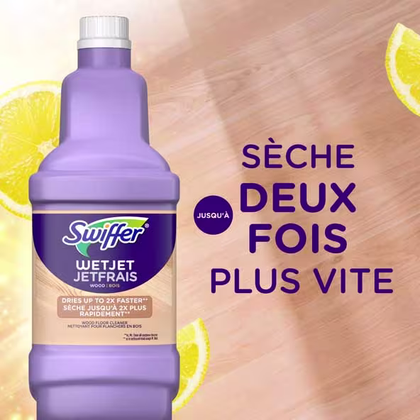Bouteille de nettoyant pour bois Swiffer WetJet avec formule à séchage rapide et texte indiquant qu'il sèche jusqu'à deux fois plus vite
