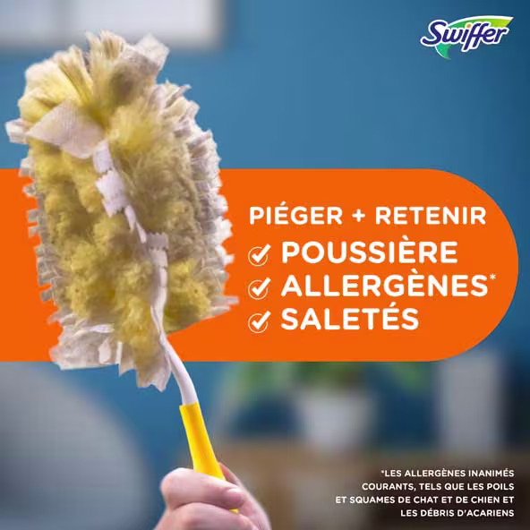 Swiffer Duster, qui met en avant sa capacité à piéger efficacement la poussière, les allergènes et la saleté
