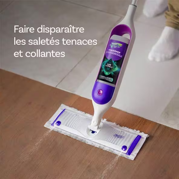 Swiffer Power Mop nettoie les sols de différentes surfaces, en mettant l'accent sur la facilité d'utilisation pour un nettoyage rapide
