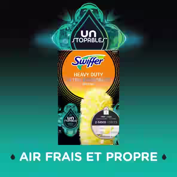 Swiffer Duster avec poignée jaune et piège à poussière, favorisant l'élimination efficace de la poussière et des allergènes