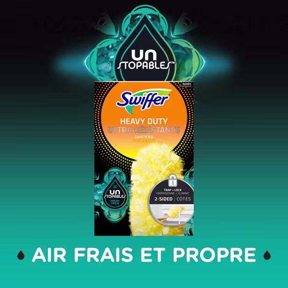 Swiffer Duster avec poignée jaune et piège à poussière, favorisant l'élimination efficace de la poussière et des allergènes