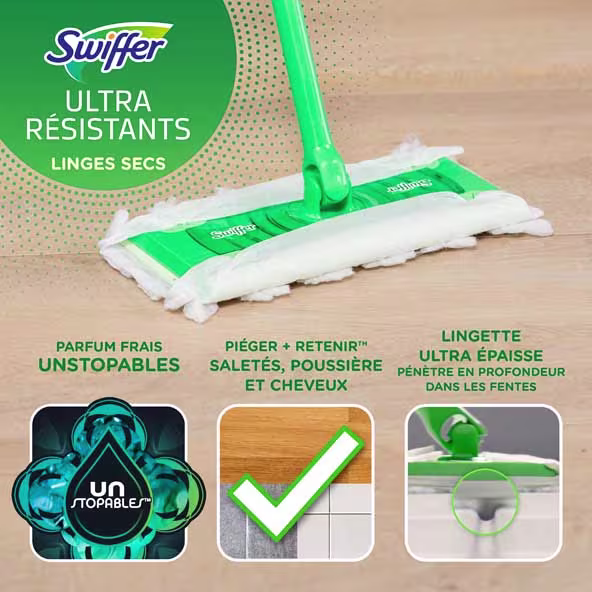 Linges secs Swiffer Heavy Duty, avec des lingettes ultra-épaisses qui piègent la poussière et la saleté tout en laissant un parfum frais