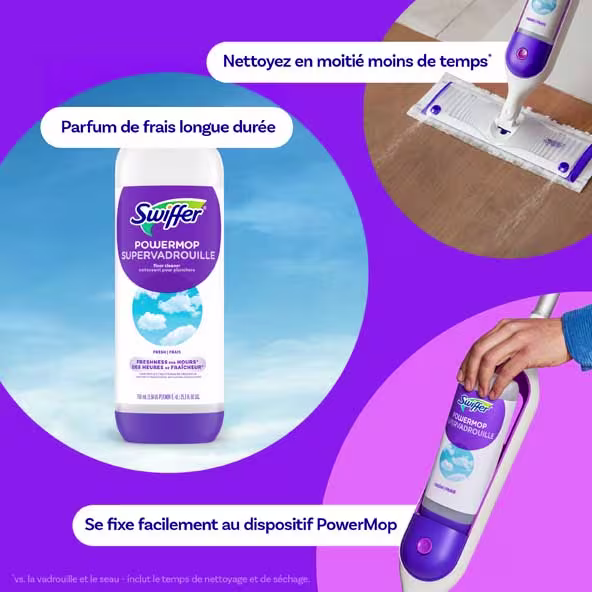 Solution de nettoyage Swiffer Power Mop au parfum frais, conçue pour un nettoyage rapide et facile en deux fois moins de temps