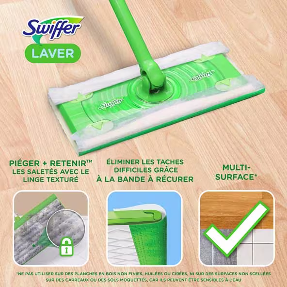 Swiffer Mop humide sur un sol en bois, mettant en avant la technologie Trap & Lock et la bande de récurage pour éliminer les saletés tenaces