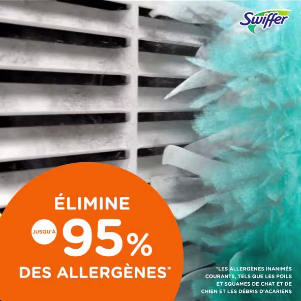 Le produit Swiffer élimine efficacement jusqu'à 95 % des allergènes tels que les squames d'animaux domestiques et les acariens des surfaces.