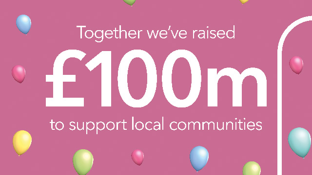 Colourful balloons floating around £100 million payout message to support local causes.