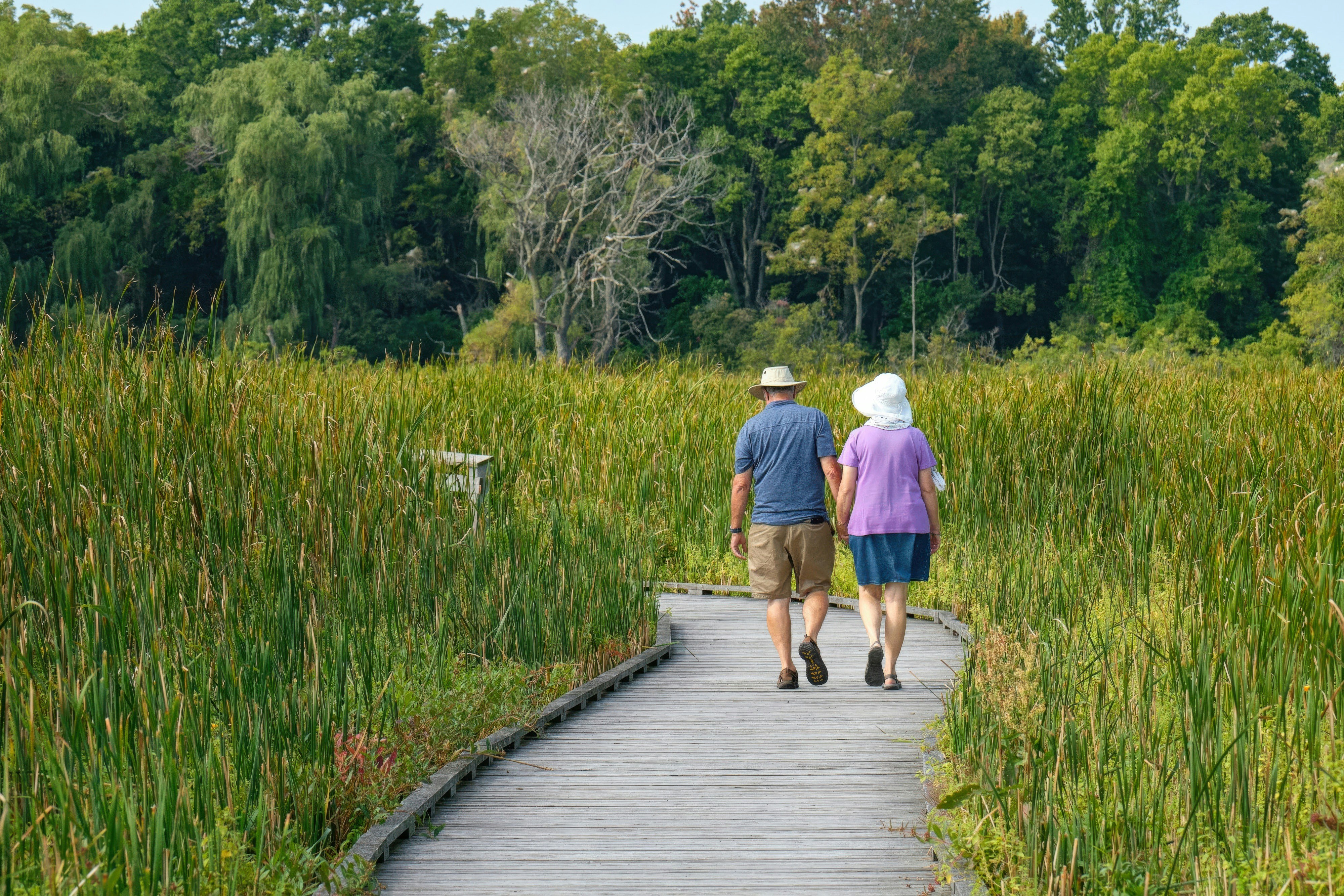 Couple walking across boardwalk
