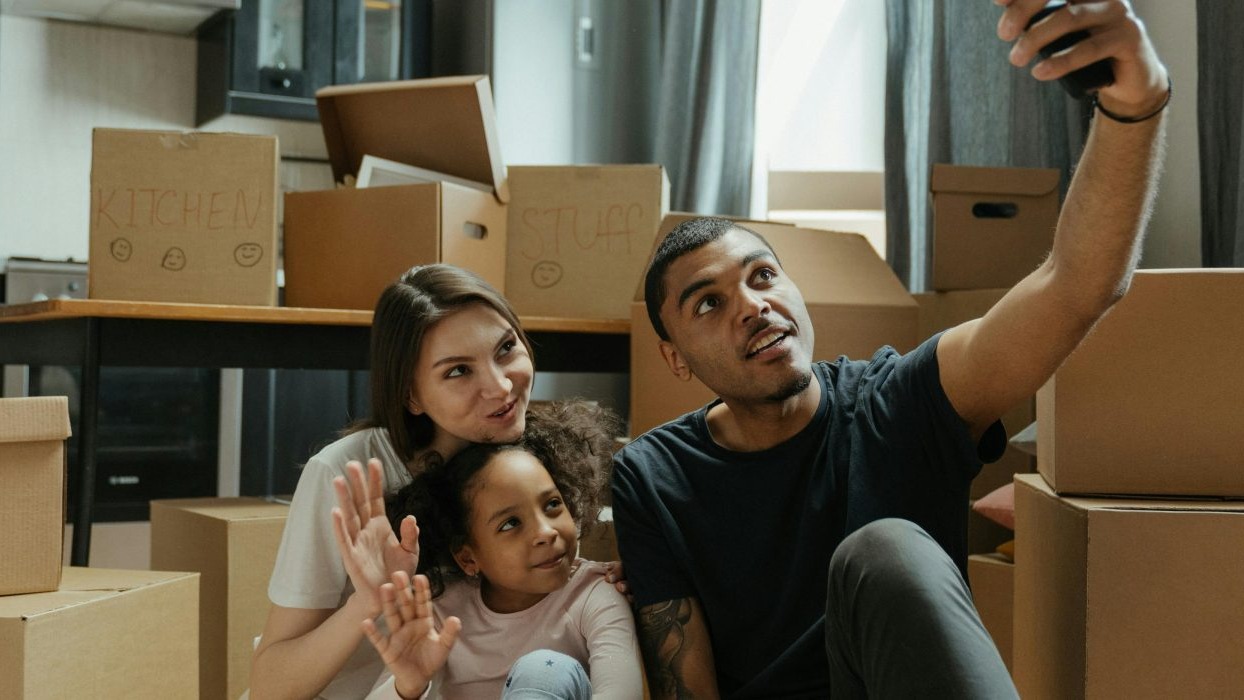 Family taking a selfie at home