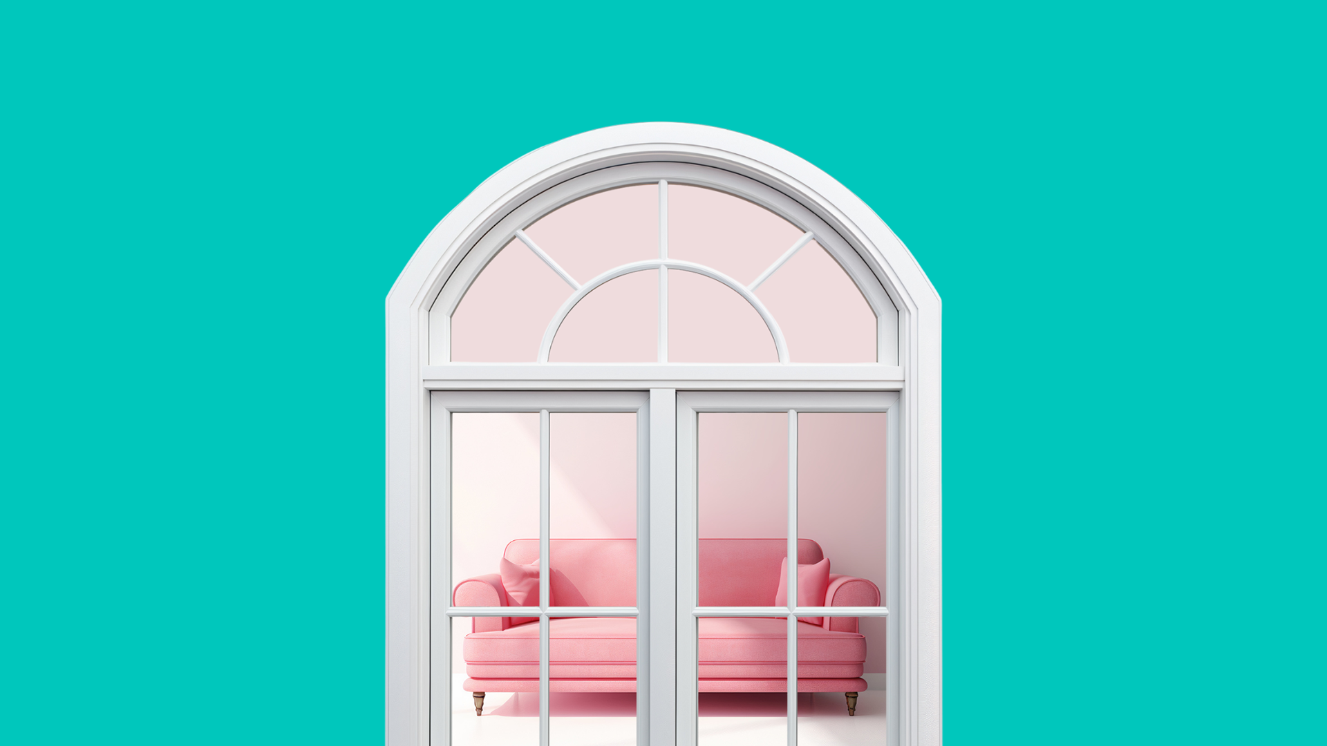 Pink sofa behind window in house