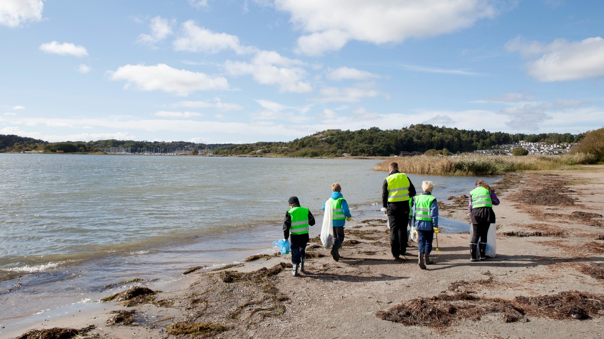 People litter picking on a beach