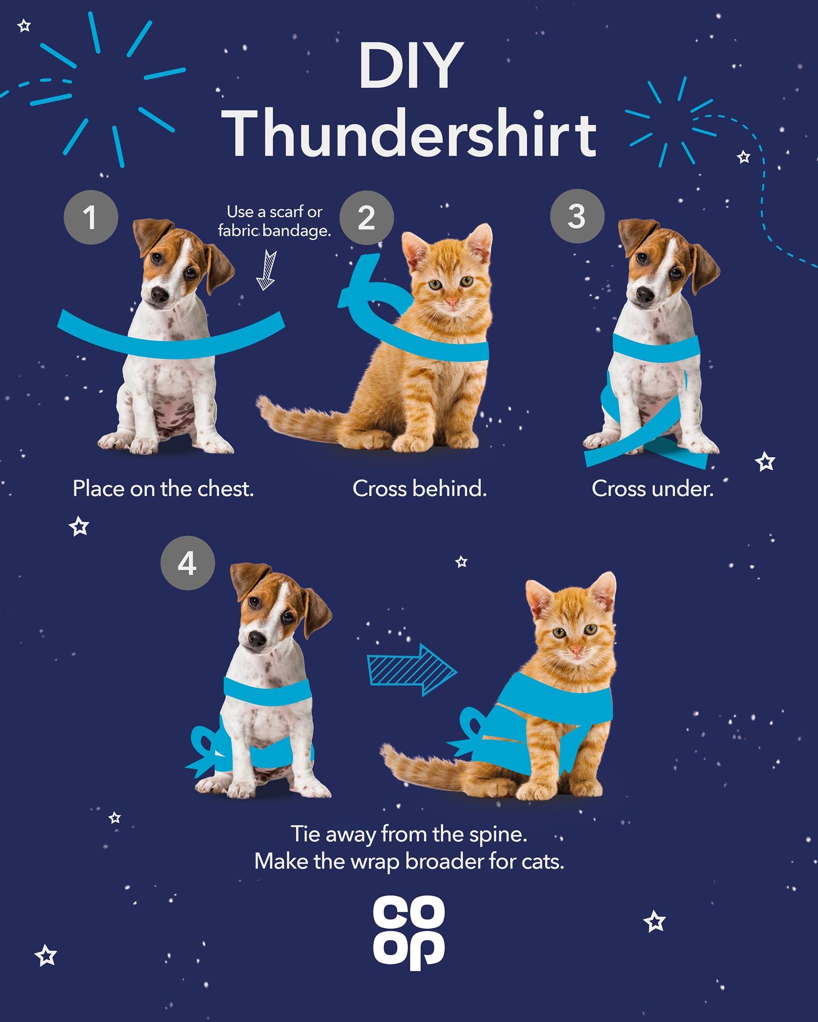 Details of how to make a DIY thundershirt - place on the animal's chest, cross behind. cross under, tie away from the spine. Make wrap broader for cats.