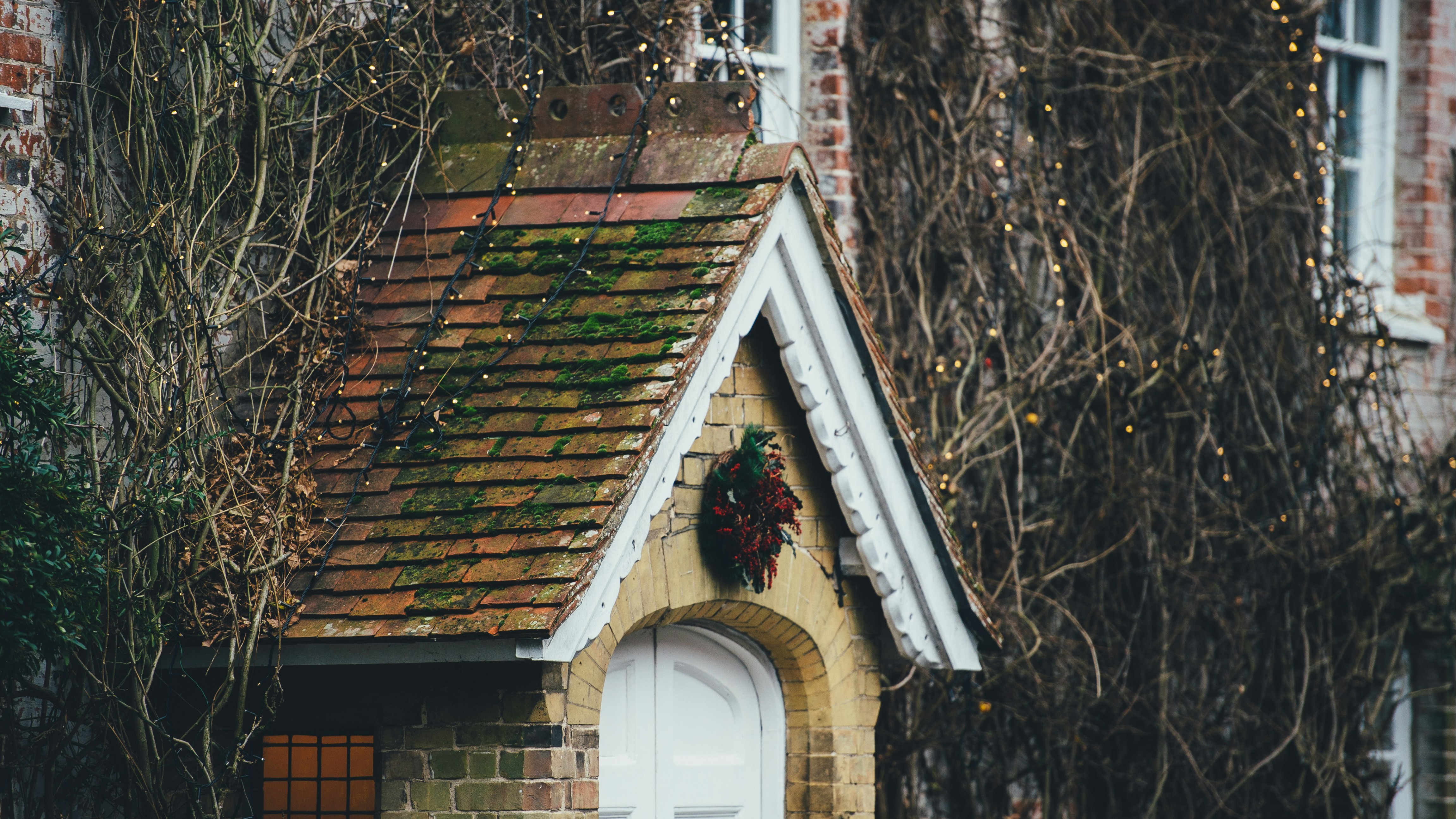 A house with a wreath on the door