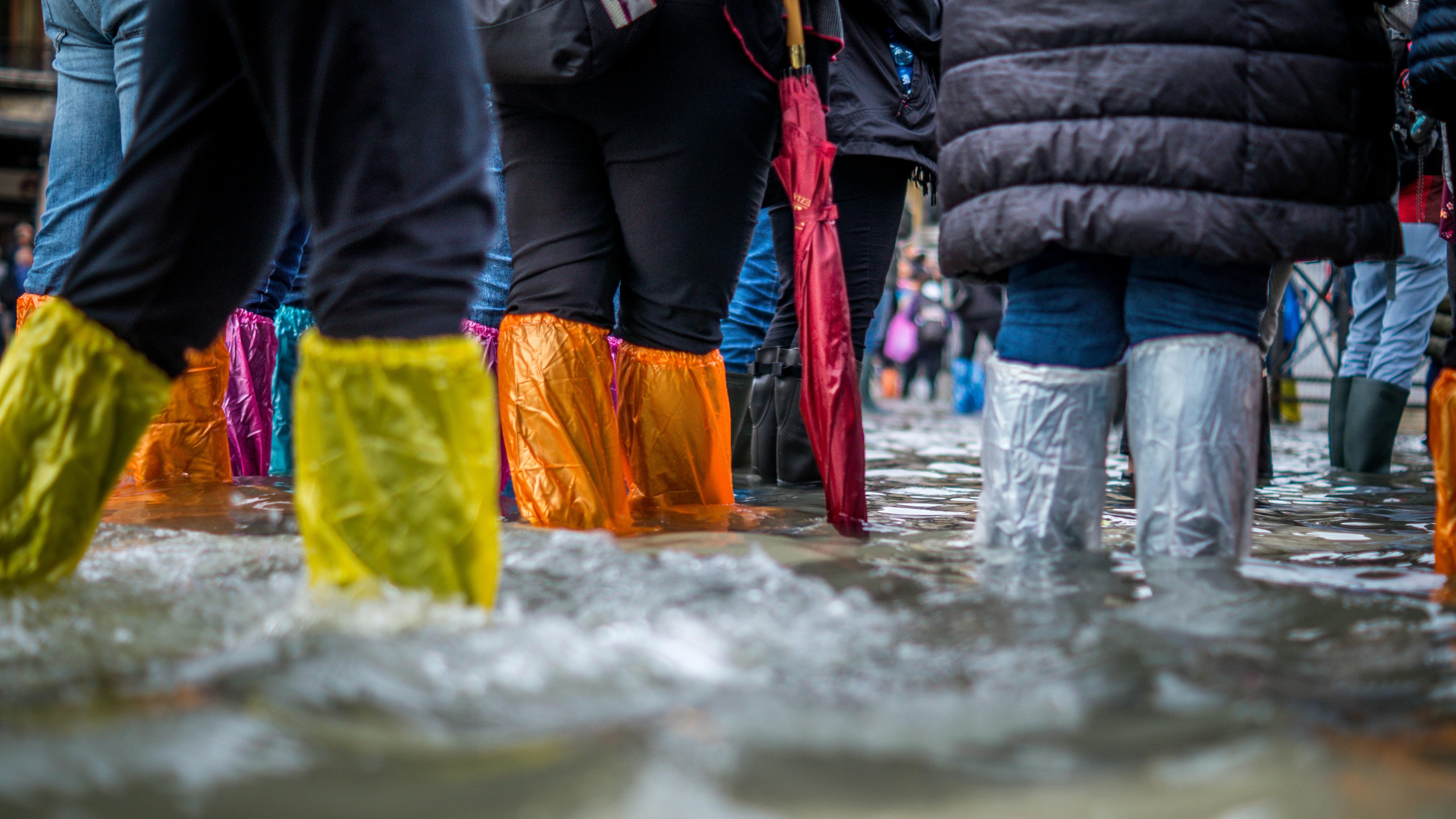 Group of people stood in water in wellies
