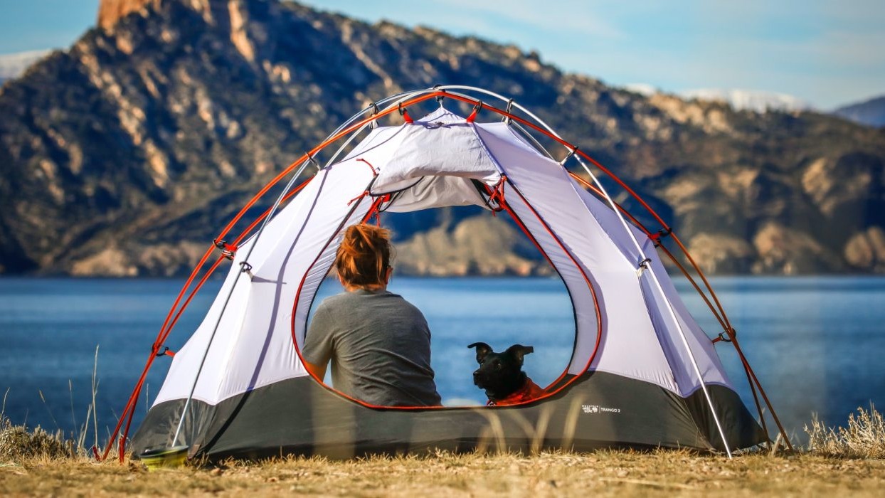 Woman and dog inside tent